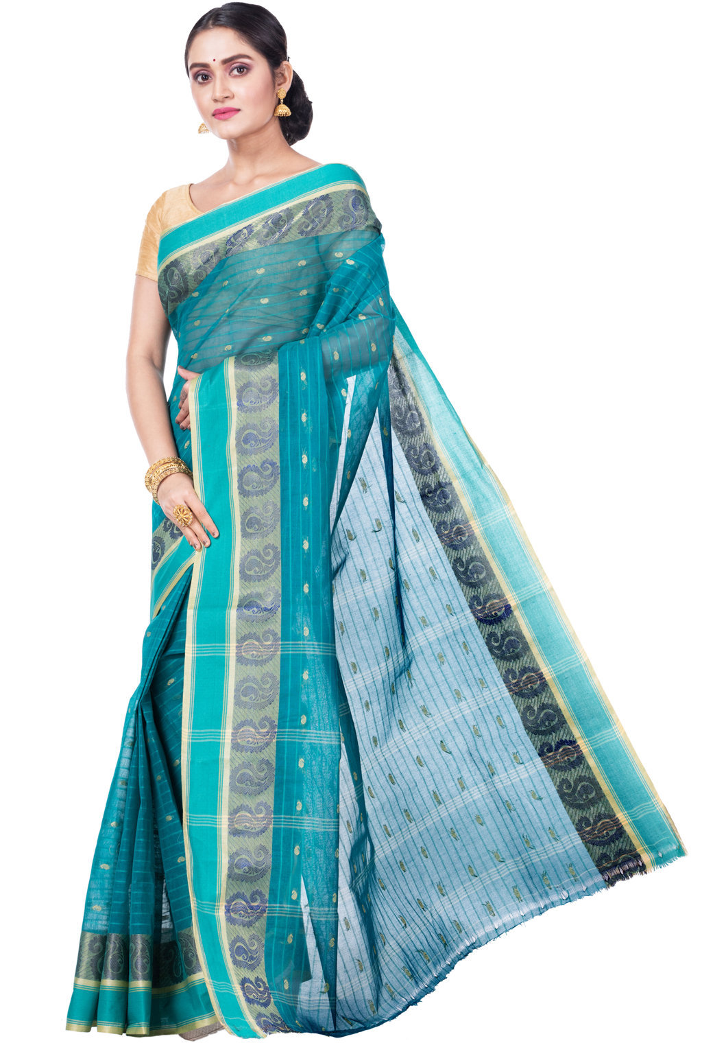 Dark Green Pure Cotton Kolka_Guti Tant Saree (5134)